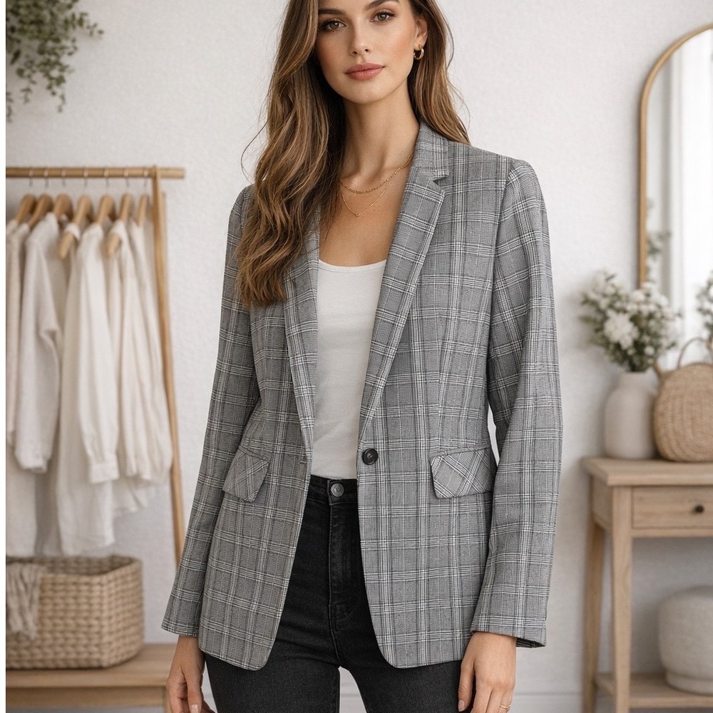 Tahar Grey Glen Plaid Single Button Blazer Jacket Womens S